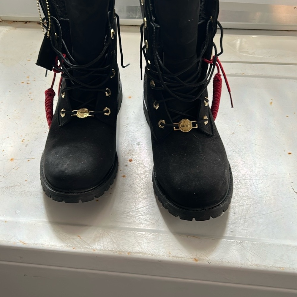 Black and Red Combat Moto Boots with Sturdy Sole